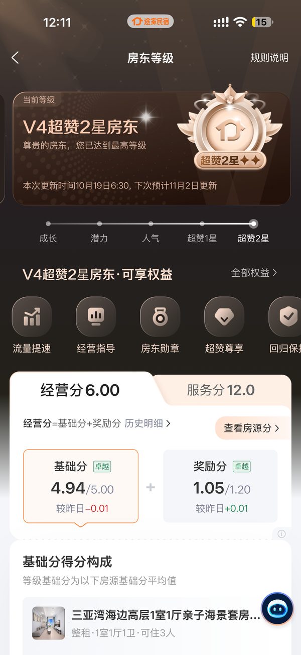 途家房东等级截图，V4 超赞2星